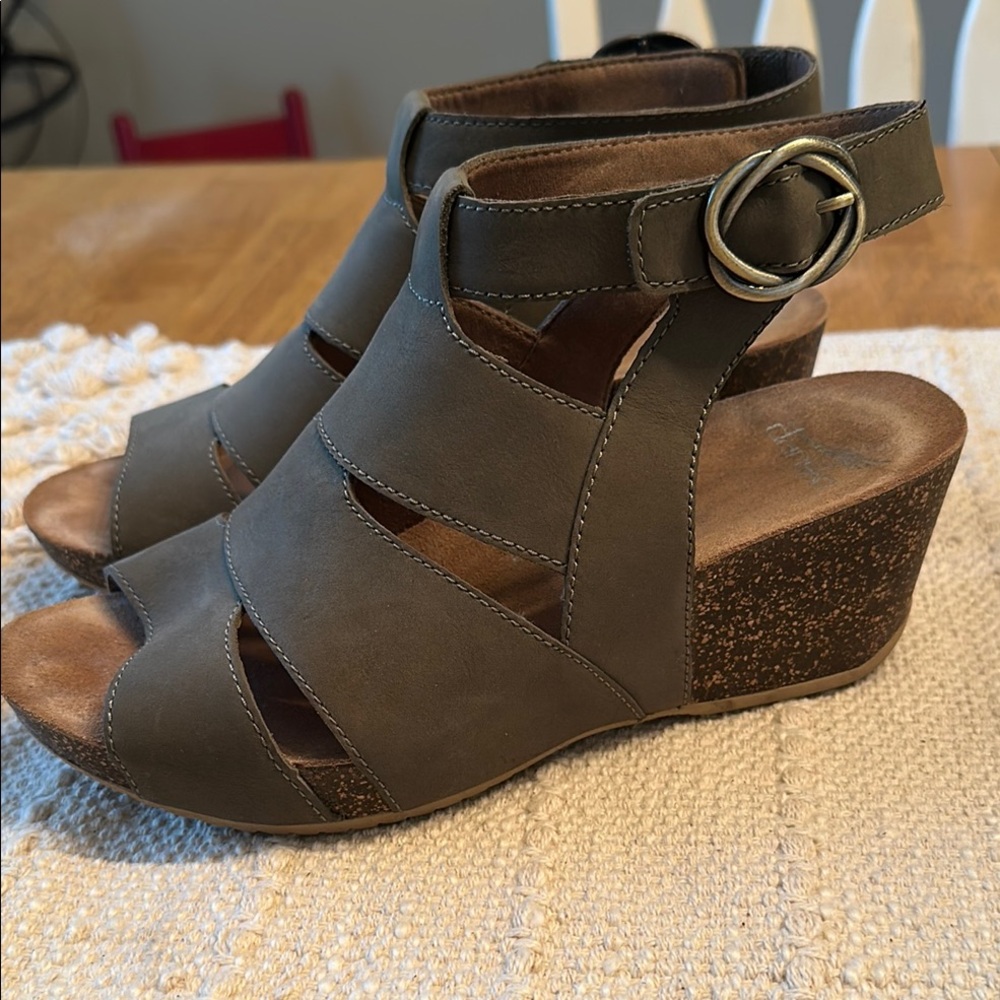 Dansko Olive/Brown Leather Wedge Sandal